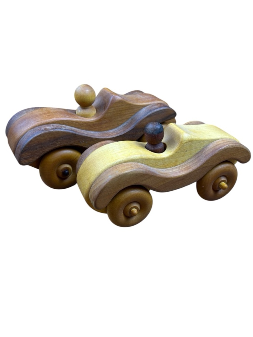 Vintage Wooden Racing Cars Vehicles Two Drivers Solid Wood Toys